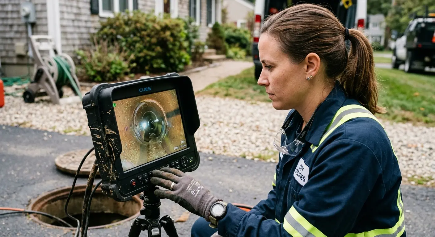 Technician reviewing sewer camera inspection footage in Hampshire