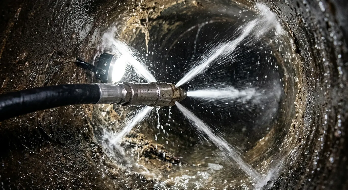 High-pressure hydro jetting nozzle cleaning sewer pipe for Storm Drain Cleaning in Hampshire