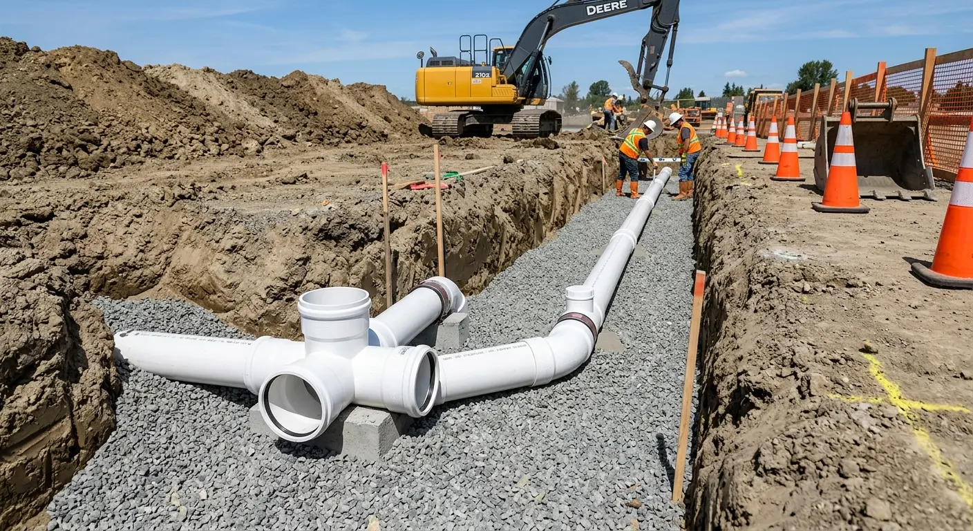 New PVC sewer pipe installation in open trench for Sewer Backup in Hampshire