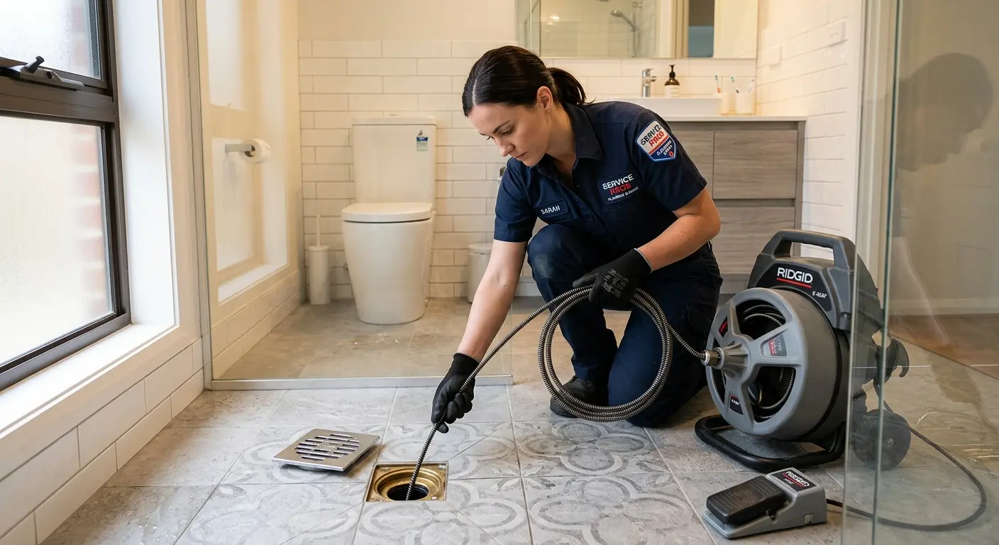 Technician clearing a bathroom floor drain for Drain Cleaning in Hampshire